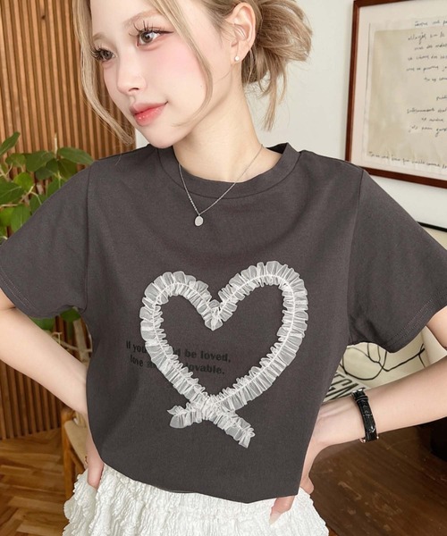 moment+ tシャツ 半袖 チュールハート刺繍半袖Tシャツ レディース