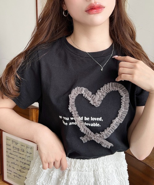moment+ tシャツ 半袖 チュールハート刺繍半袖Tシャツ レディース
