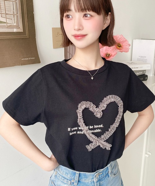 moment+ tシャツ 半袖 チュールハート刺繍半袖Tシャツ レディース