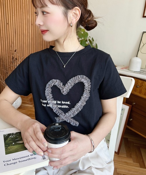 moment+ tシャツ 半袖 チュールハート刺繍半袖Tシャツ レディース