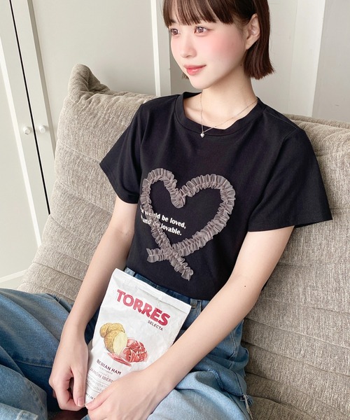 moment+ tシャツ 半袖 チュールハート刺繍半袖Tシャツ レディース