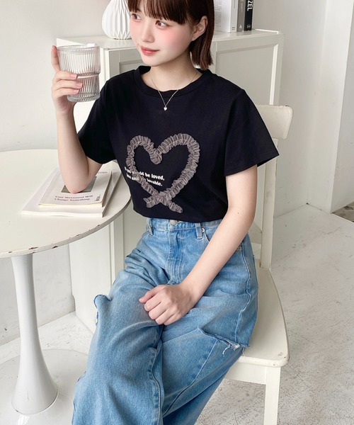moment+ tシャツ 半袖 チュールハート刺繍半袖Tシャツ レディース