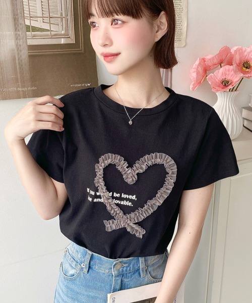 moment+ tシャツ チュールハート刺繍半袖Tシャツ レディース