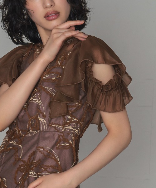 フリルスリーブ ロング パーティードレス ワンピース スリット GIRL DRESS FOR NOW ドレス フラワーフェザー刺繍フリルスリーブ