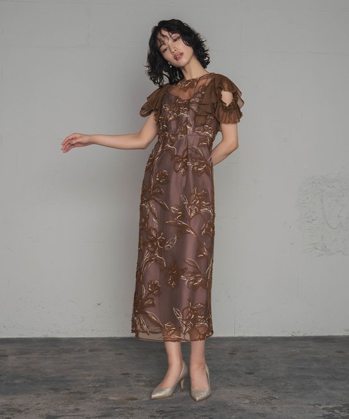 ★GODDIVA フローラルフリルスリーブフレア 魅惑的ドレス★ GIRL DRESS FOR NOW ドレス フラワーフェザー刺繍フリルスリーブ