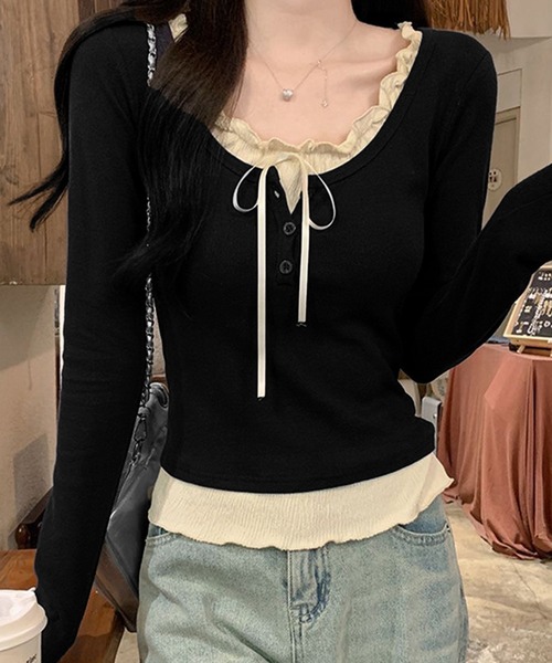WESTSEA（ウエストシー） tシャツ レイヤード風 フリル リボン リブ