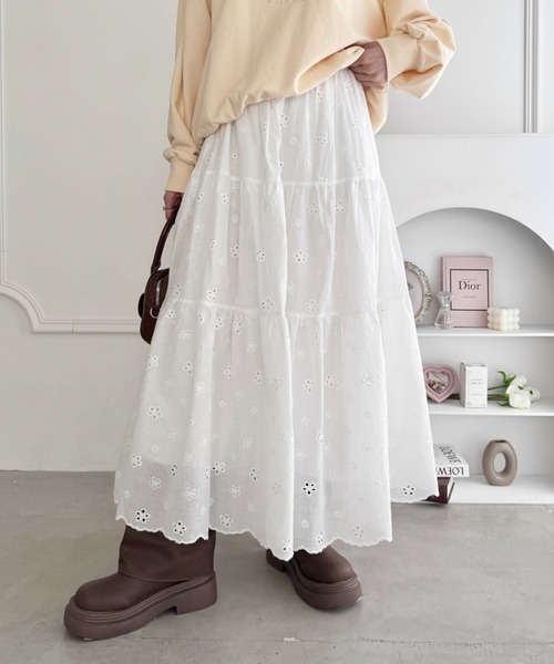 Loueme スカート フラワー刺繍コットンレースティアードスカート