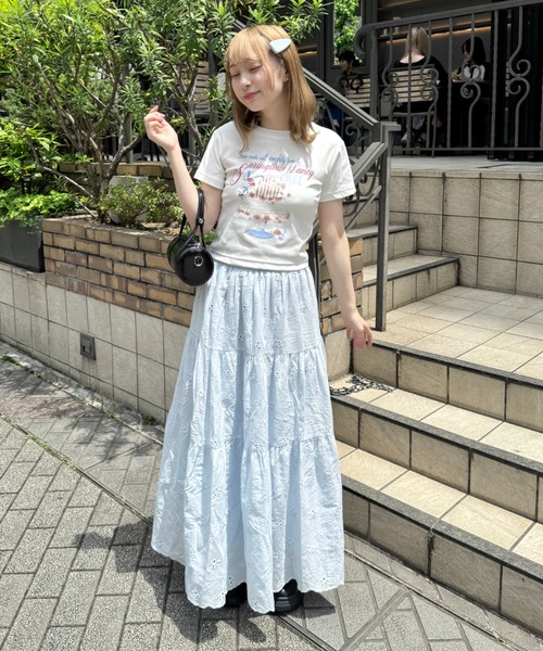 Loueme スカート フラワー刺繍コットンレースティアードスカート