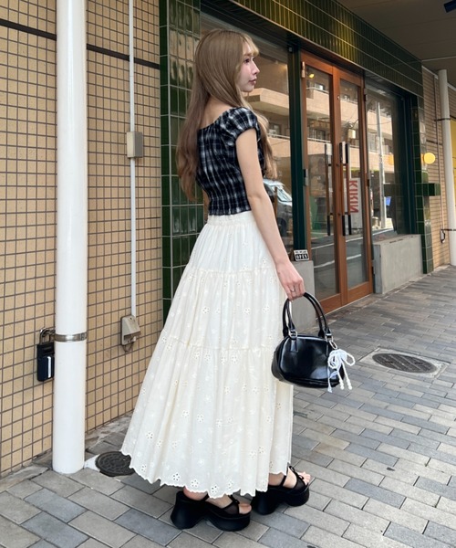 Loueme スカート フラワー刺繍コットンレースティアードスカート