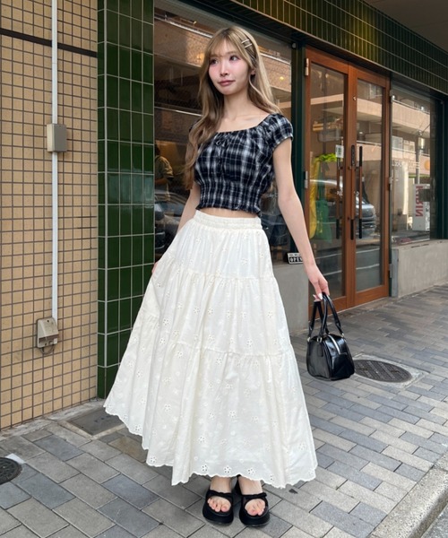 Loueme スカート フラワー刺繍コットンレースティアードスカート