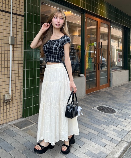 Loueme スカート フラワー刺繍コットンレースティアードスカート