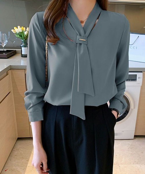 S ネクタイ付き シャツ グレーブルー 長袖 ブラウス きれいめ 上品 Ⅲ Sally Lunn ブラウス シャツ ネクタイネック長袖エレガント