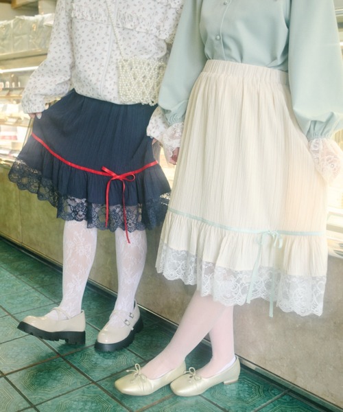 【COOR】★クリンクル レース ミディ スカート★ kutir スカート 「クティールとレトロ」リボンレースミディ