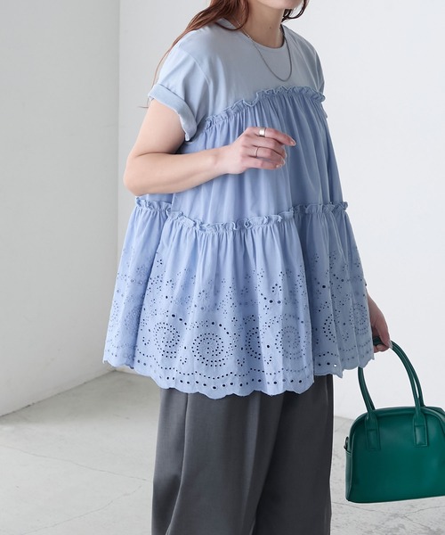 美品 MUVEIL ティアードコットンレースドッキングTシャツ カットソー36 美品 MUVEIL ティアードコットンレースドッキングTシャツ