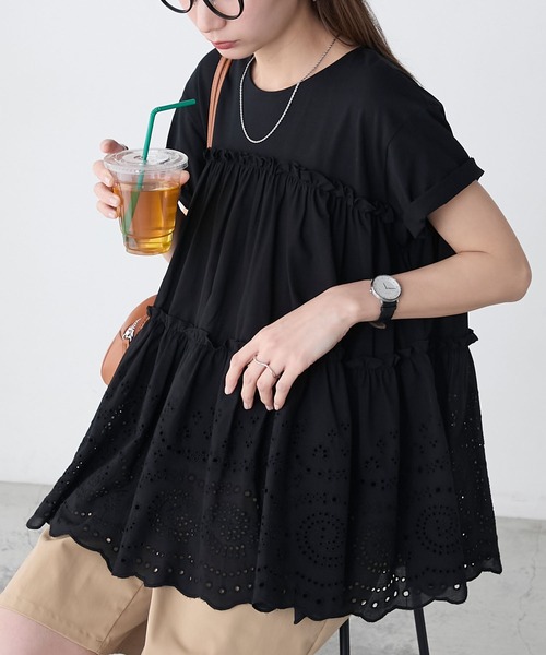BONLECILL tシャツ ティアードコットンレースドッキングTEE