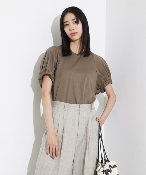 tシャツ 袖ギャザーカットTOP/スリーブ半袖/夏服/オフィスカジュアル レディース qualite tシャツ 袖ギャザーカットTOP/スリーブ半袖/夏服