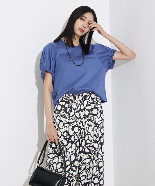tシャツ 袖ギャザーカットTOP/スリーブ半袖/夏服/オフィスカジュアル レディース