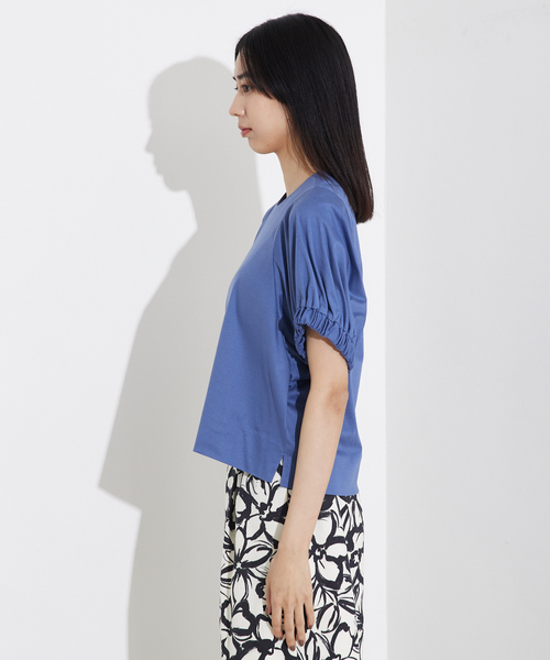 tシャツ 袖ギャザーカットTOP/スリーブ半袖/夏服/オフィスカジュアル レディース qualite tシャツ 袖ギャザーカットTOP/スリーブ半袖/夏服