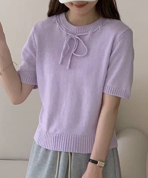 リボン付きクリーム色半袖ニット セール】リボン柄半袖ニット トップス（ニット/セーター