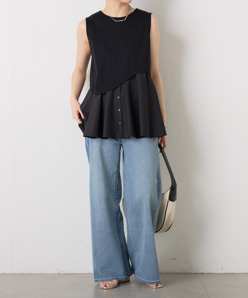 tシャツ アシメペプラムノースリーブT レディース STYLEBLOCK ブラウス シャツ シャイニーシアーポプリンペプラム
