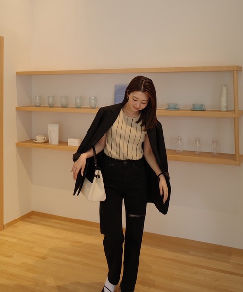 ENC タンクトップ ノースリーブ stripe american sleeve knit tank top