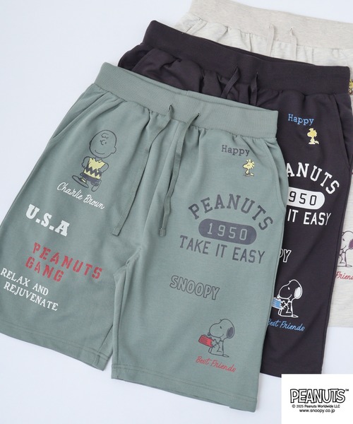 PEANUTS ハーフパンツ パンツ 短パン カレッジ柄プリントミニ裏毛