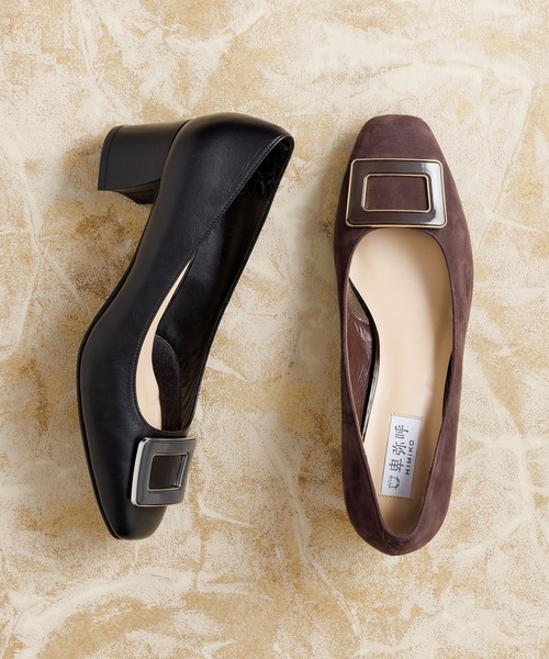 卑弥呼 パンプス 「卑弥呼」スクエアバックルチャンキーヒールパンプス