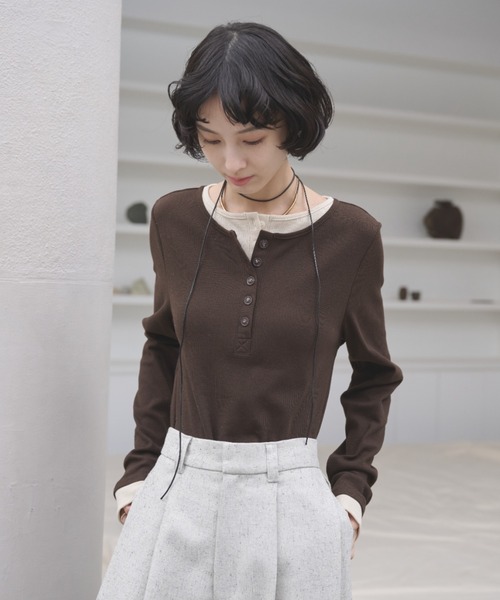 AIC. tシャツ レイヤードライクヘンリーネックリブトップス レディース
