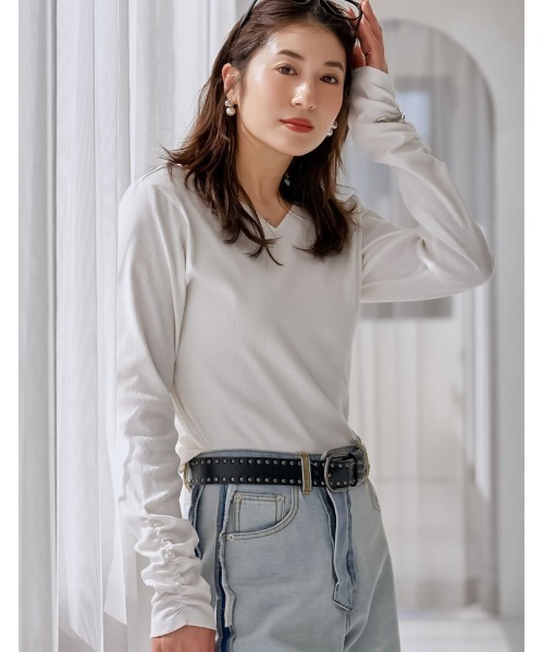 L'Appartement リブロングTシャツ　リブカットソー　ロンT 白 BORDER RIB LONGSLEEVE T-SHIRT（Tシャツ／カットソー）｜L