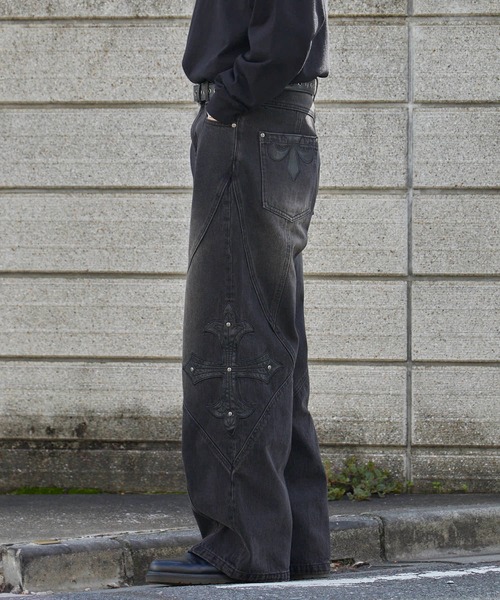 パンツ 939 wide baggy black denim pants y2k SUPPLIER（サプライヤー） ジーンズ Cross Leather Patch Baggy Denim