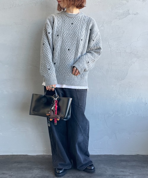 Noir Fabrik ハート刺繍ケーブルニットプルオーバー NOIR FABRIK/ヌワールファブリック] ハート刺繍 ケーブルニットプル