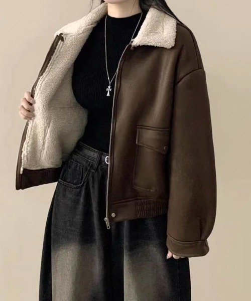 LETee コート アウター フェイクレザージャケット/ボア付き レディース