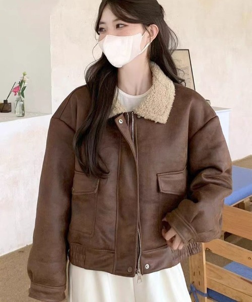 LETee コート アウター フェイクレザージャケット/ボア付き レディース