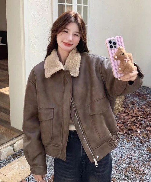 LETee コート アウター フェイクレザージャケット/ボア付き レディース