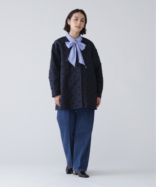 【新品未使用】jnheartsリボンコート 38 ネイビー KUMIKYOKU NAVY】ダブルクロスストレッチ ノーカラーコート / 組曲 S