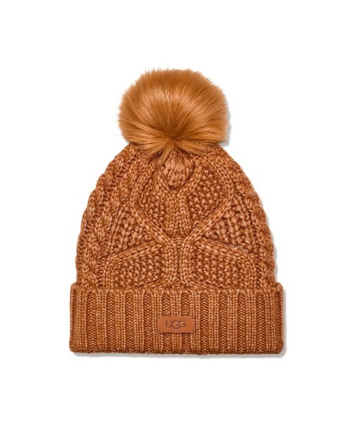 UGG ポンポン付きニット帽 キャメル色 O/S アグ UGG UGG ニット帽 Cable Beanie with Pom 100819 （CHESTNUT