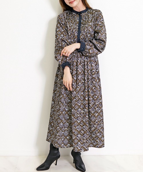 【ne Quittez pas】ウエストギャザー ロングワンピ 黒×小花柄 M CH_hdmn ワンピース バロック柄ロングワンピース レディース バイ