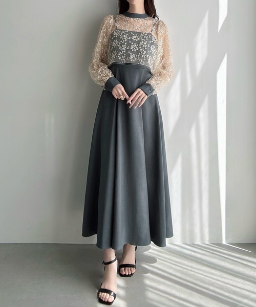 Meiru ワンピース バックリボンレーストップス＋フレアキャミ