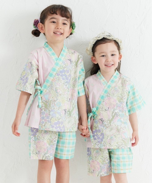 浴衣 「MOEMUSISAN X moimoln」MIX柄GIRLキッズ甚平上下セット キッズ 子供 男の子 女の子の画像
