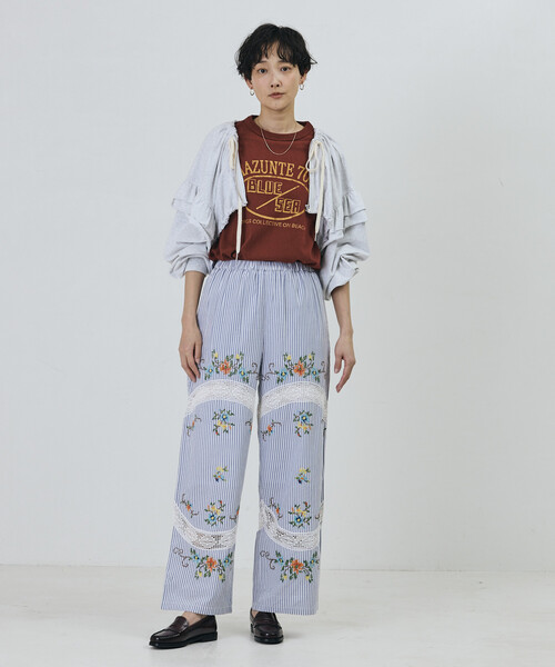 Freada（フリーダ） パンツ インド フラワー クロス刺繍 レース