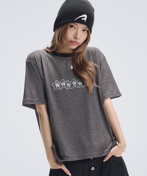 tシャツ グラフィックプリント短丈半袖スラブTシャツ ボーダー メンズ