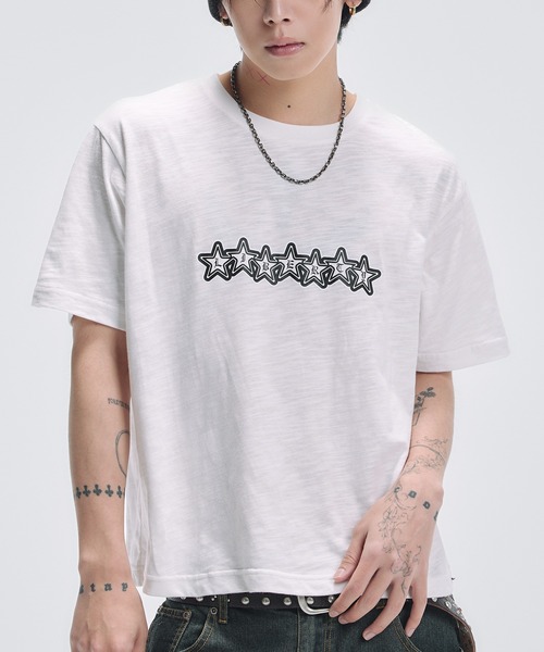 tシャツ グラフィックプリント半袖スラブTシャツ ボーダー メンズ