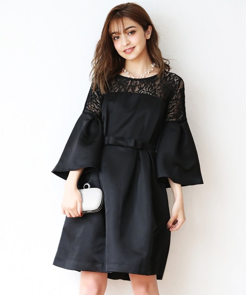 Dress Lab】レディース レース スリーブ ドレス 上品 黒 M