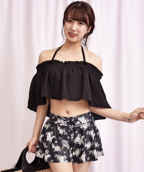 水着 4点セット ビキニ カバーアップ レトロフラワー 裾口フリル COTARON 水着 レディース 体型カバー ビキニ フリル 4点セット