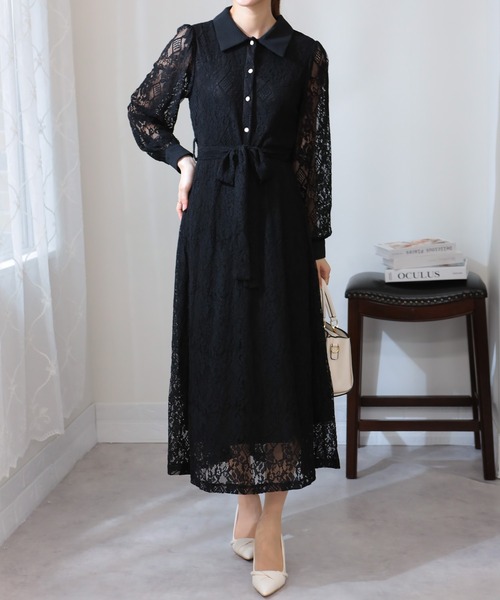 リュクス 総レース ロング ワンピース リボン フロントボタン Lace Ladies ワンピース フロントボタン クルーネック ハイ