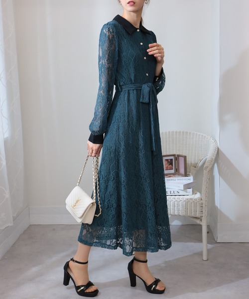 リボンキュービックベルト付 フリンジ フレア ワンピース S〜XXL ウエストリボン付きシアーフリンジワンピース