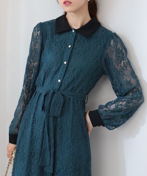 【BURBERRY PRORSUM】 ロングワンピース 長袖 レース装飾 pumpkin port ワンピース リボンベルト付 総レース クレリック