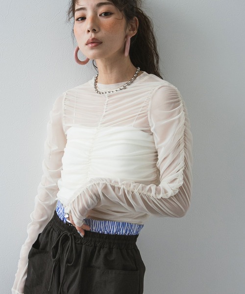 bohmal（ボマール） tシャツ シアーギャザートップス レディース