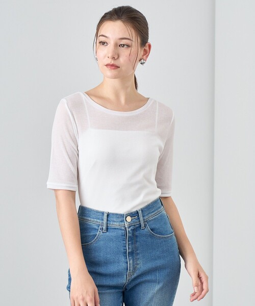 tシャツ シアーテレコ5分袖クループルオーバー レディース