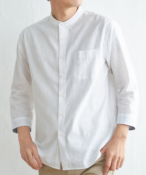 ikka（イッカ） シャツ 「速乾」7分袖イージーケアリネンバンドカラー